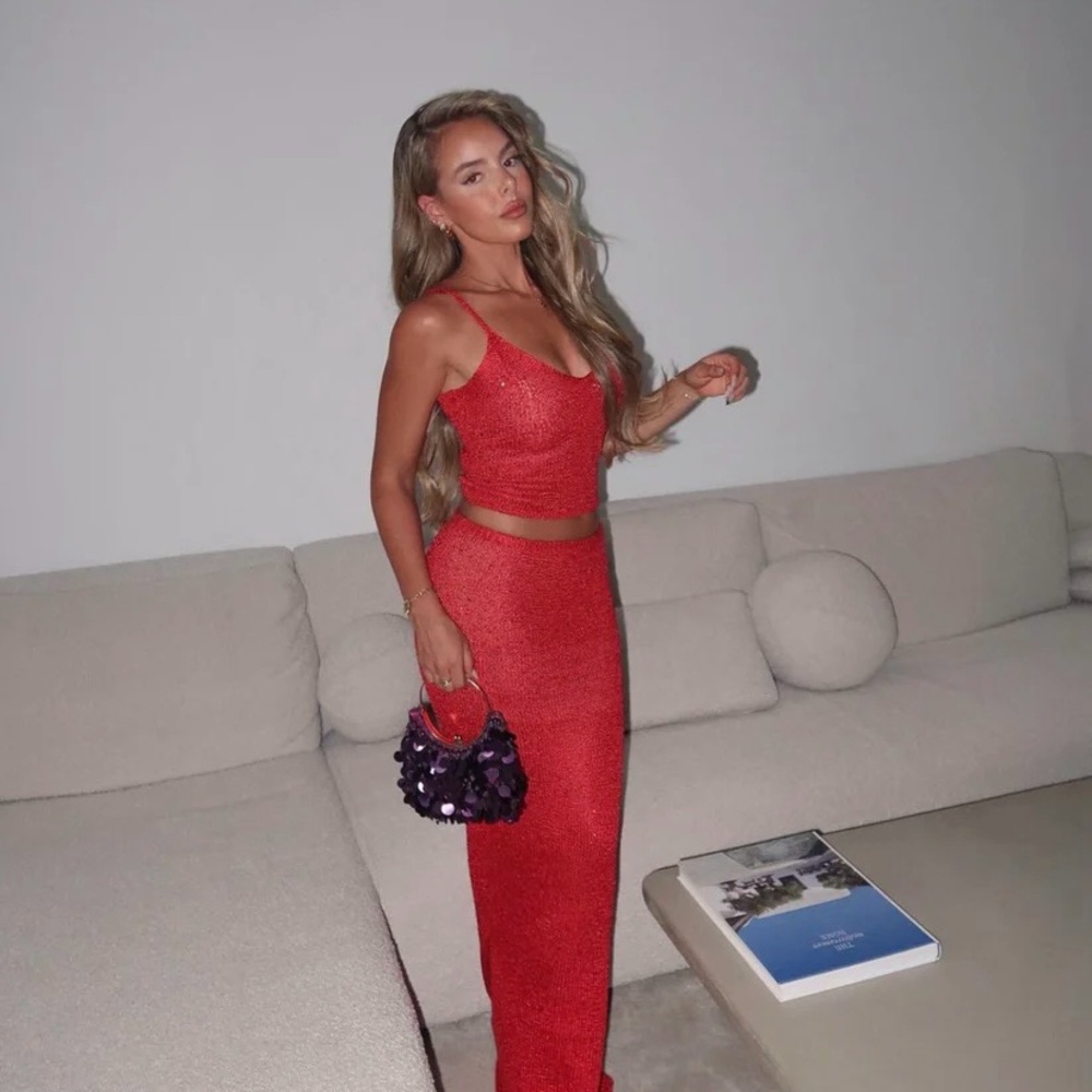 NWT ASTA RESORT Carolina Camisole in Rossa Sequin Knit Red Cherry Bold Cover Up - Picture 4 of 10